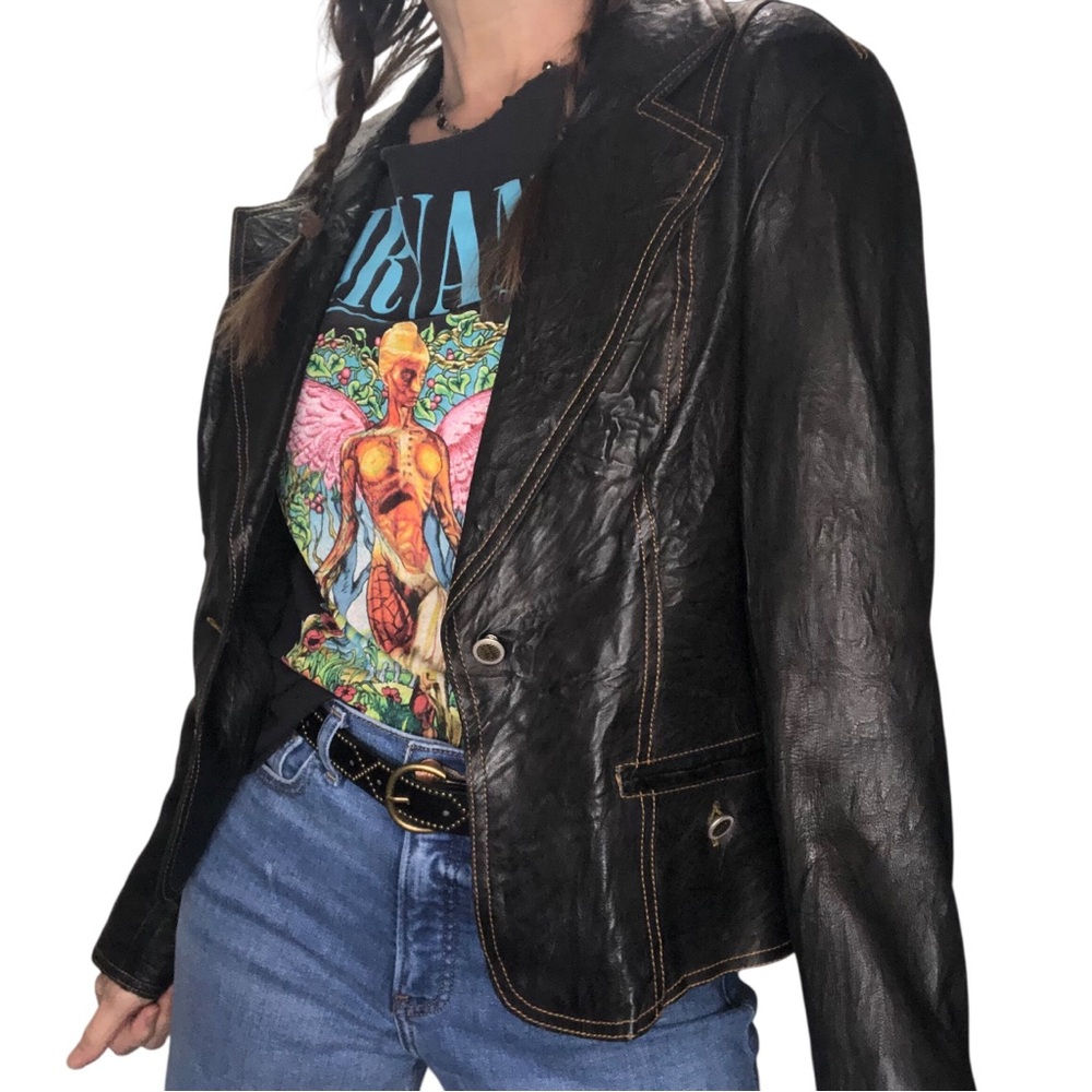 Vintage 90’s Y2K Black Leather Jacket Women’s M Contrast Stitching Distressed